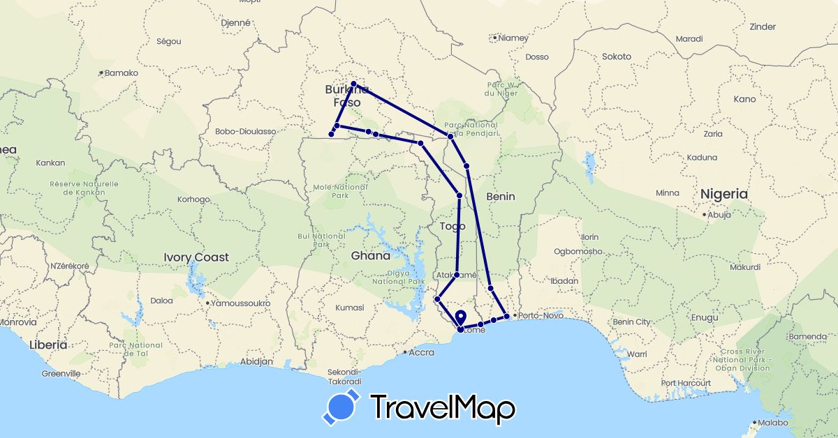 TravelMap itinerary: driving in Burkina Faso, Benin, Togo (Africa)